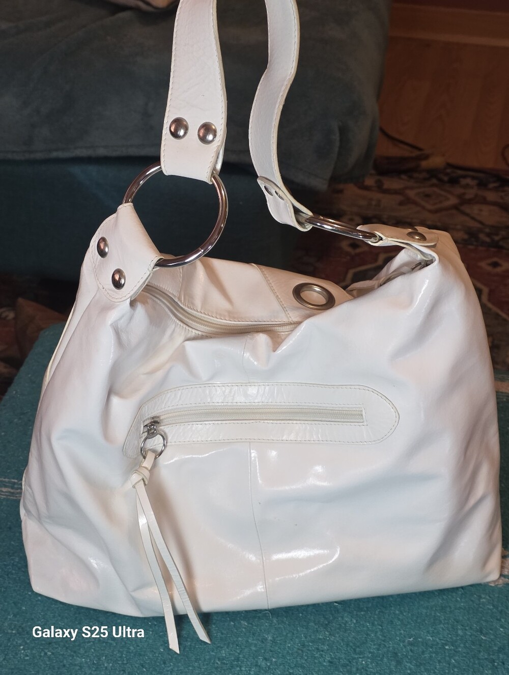 Y2K Vintage Rare Mussio DeGroot White Patent Leather Large Grommet Hobo Bag - Picture 10 of 17